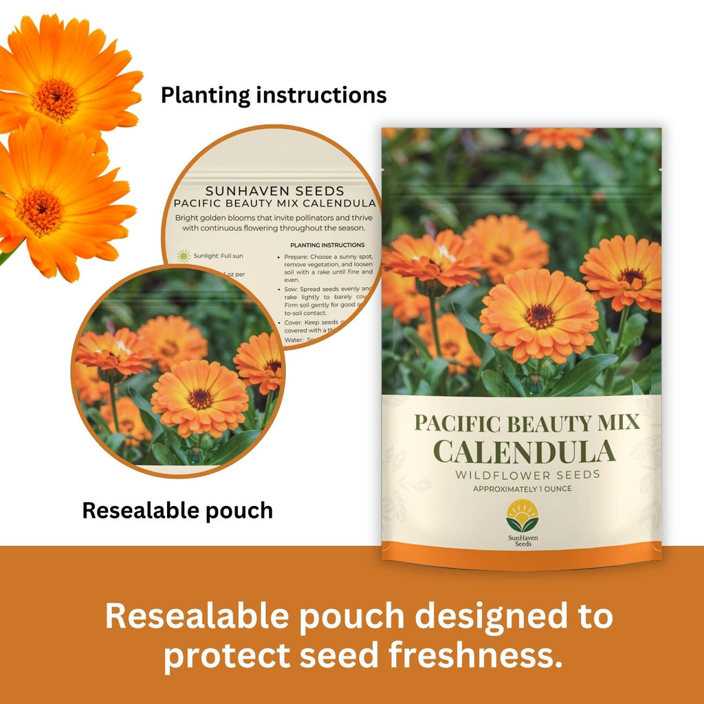 SunHaven Seeds Calendula Seeds Pacific Beauty Mix – 3,000+ Seeds – 1 oz Bulk Extra Large Resealable Packet – Open Pollinated Non-GMO Calendula officinalis Seeds for Vibrant Orange and Yellow Blooms