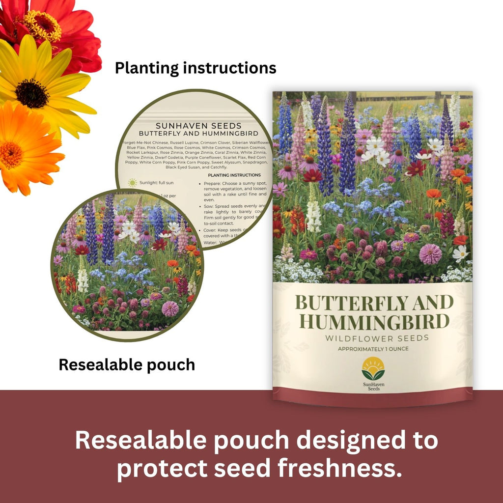SunHaven Seeds Butterfly and Hummingbird Wildflower Mix – 30,000+ Seeds – 1 oz Bulk Extra Large Resealable Packet – Non-GMO Open Pollinated Wildflower Seeds