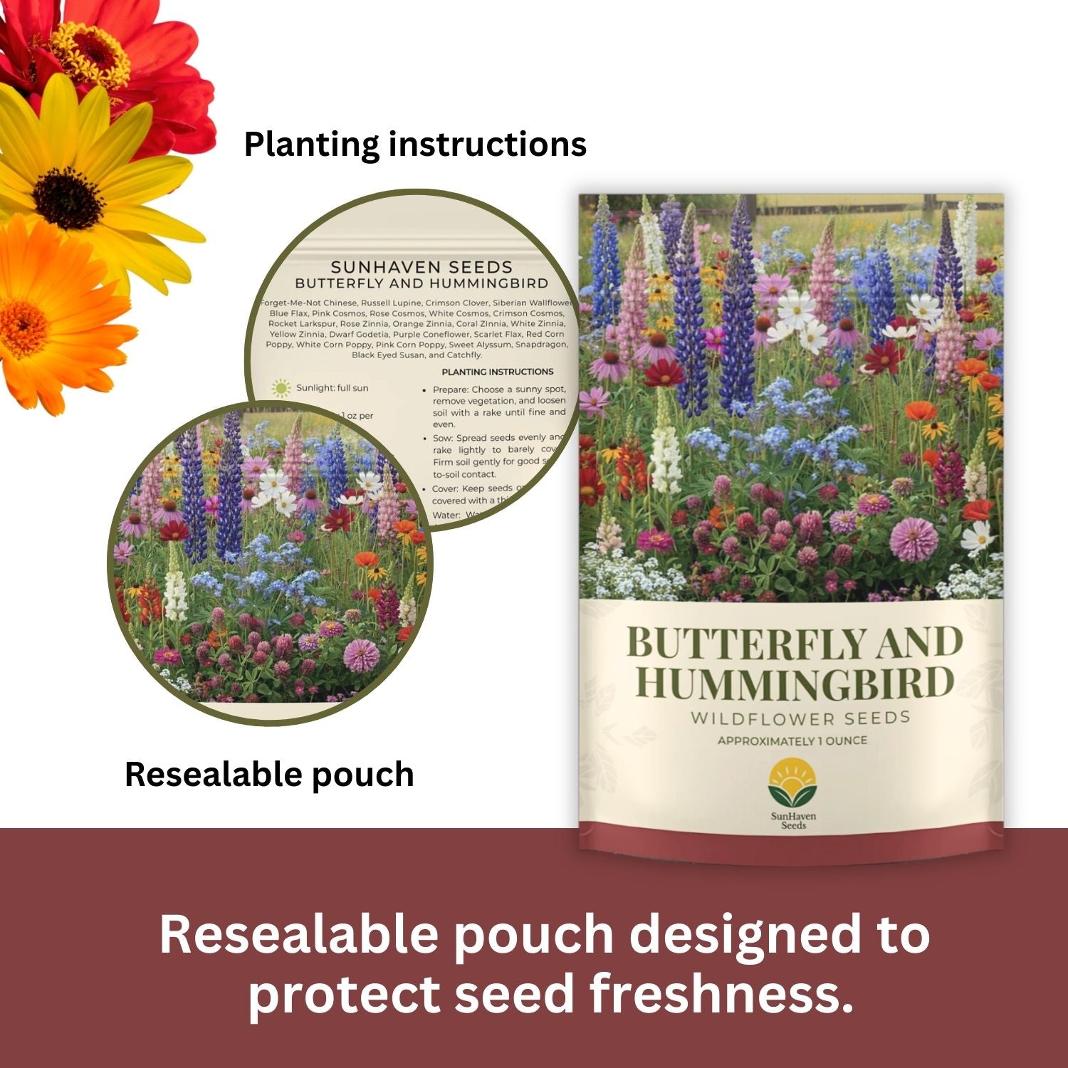 SunHaven Seeds Butterfly and Hummingbird Wildflower Mix – 30,000+ Seeds – 1 oz Bulk Extra Large Resealable Packet – Non-GMO Open Pollinated Wildflower Seeds