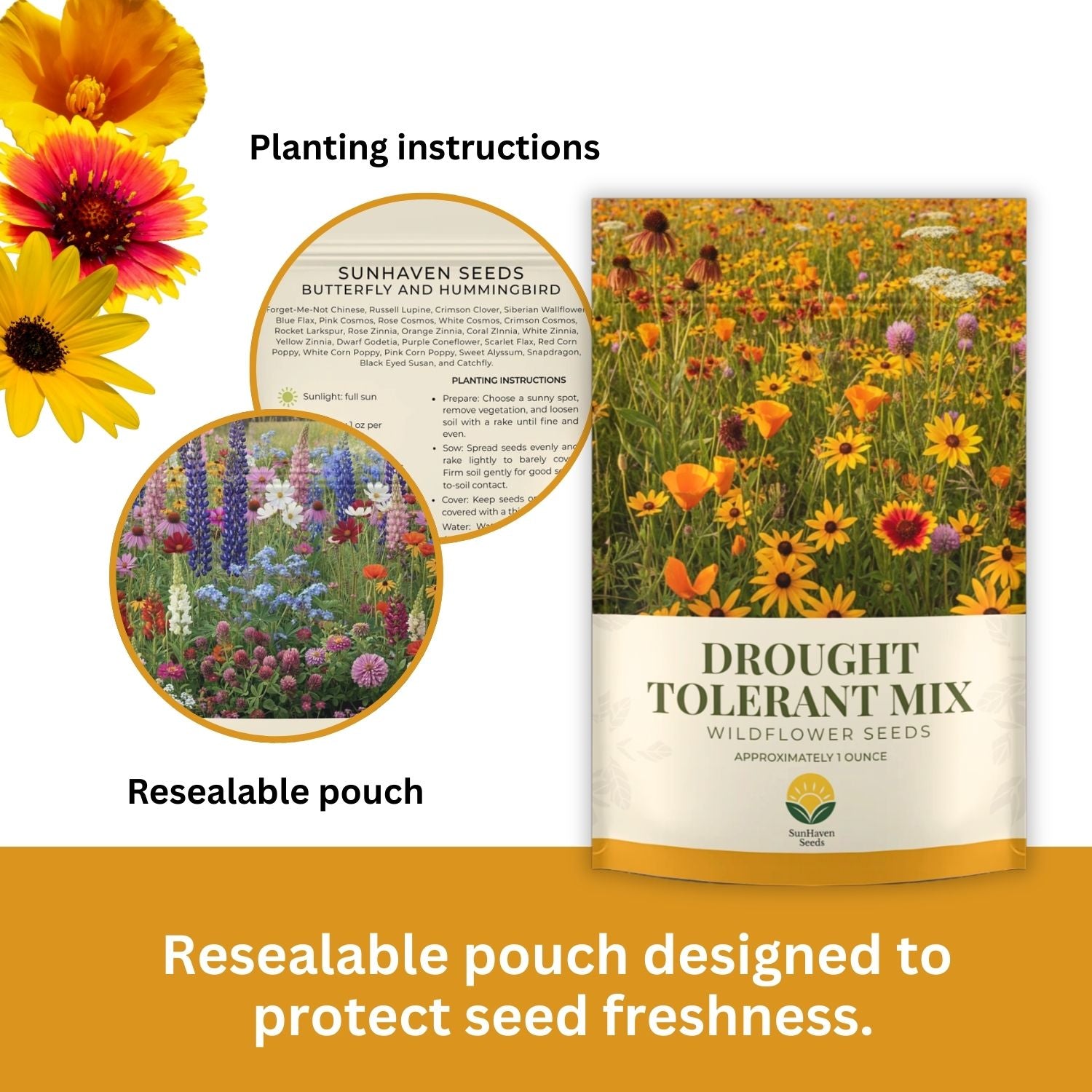 SunHaven Seeds Drought Tolerant Wildflower Mix – 20,000+ Seeds – 1 oz Bulk Extra Large Resealable Packet – Non-GMO Flower Seeds for Dry Climates – Black-Eyed Susan, Coreopsis, California Poppy & More