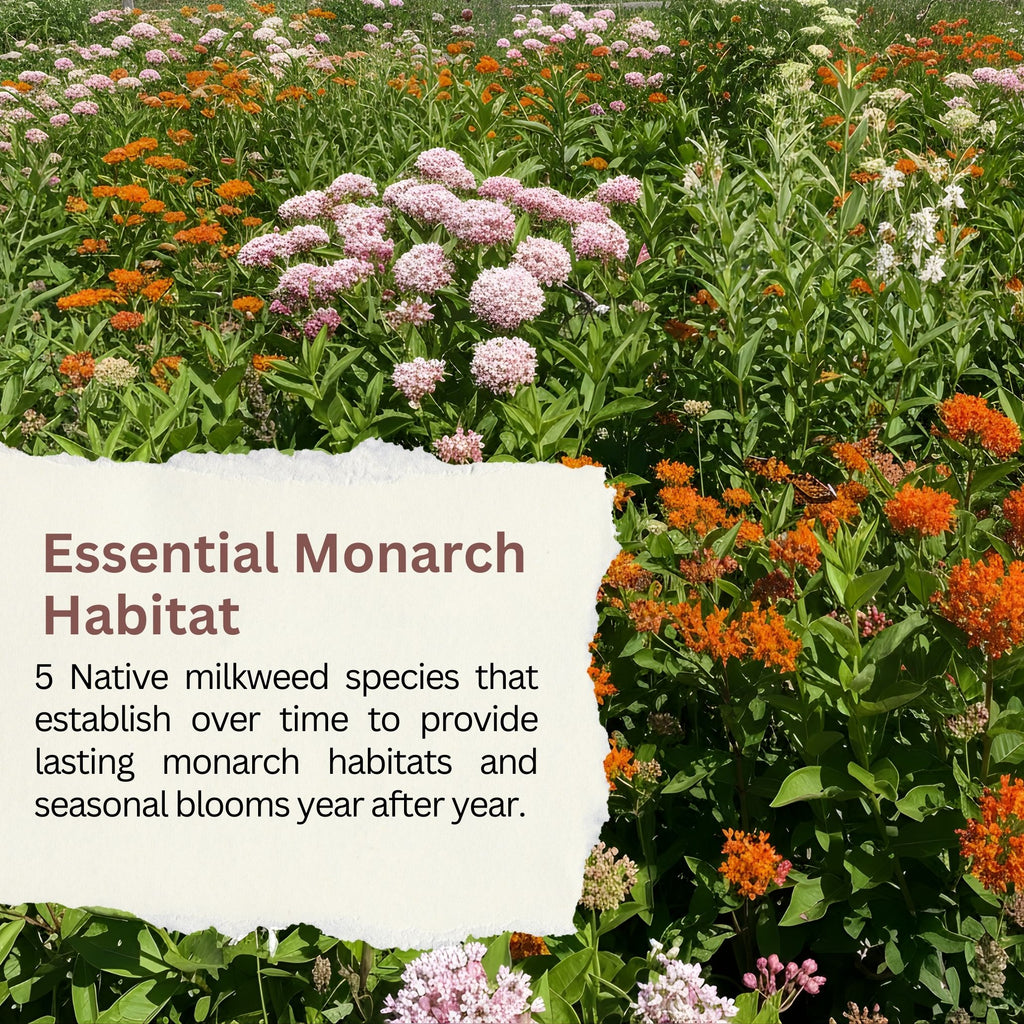 Native Milkweed Seed Variety Pack – 5 Varieties – Monarch Butterfly Garden – Common, Pink Swamp, Orange Butterfly Weed, Showy, & Narrowleaf Asclepias – Non-GMO Pollinator Habitat