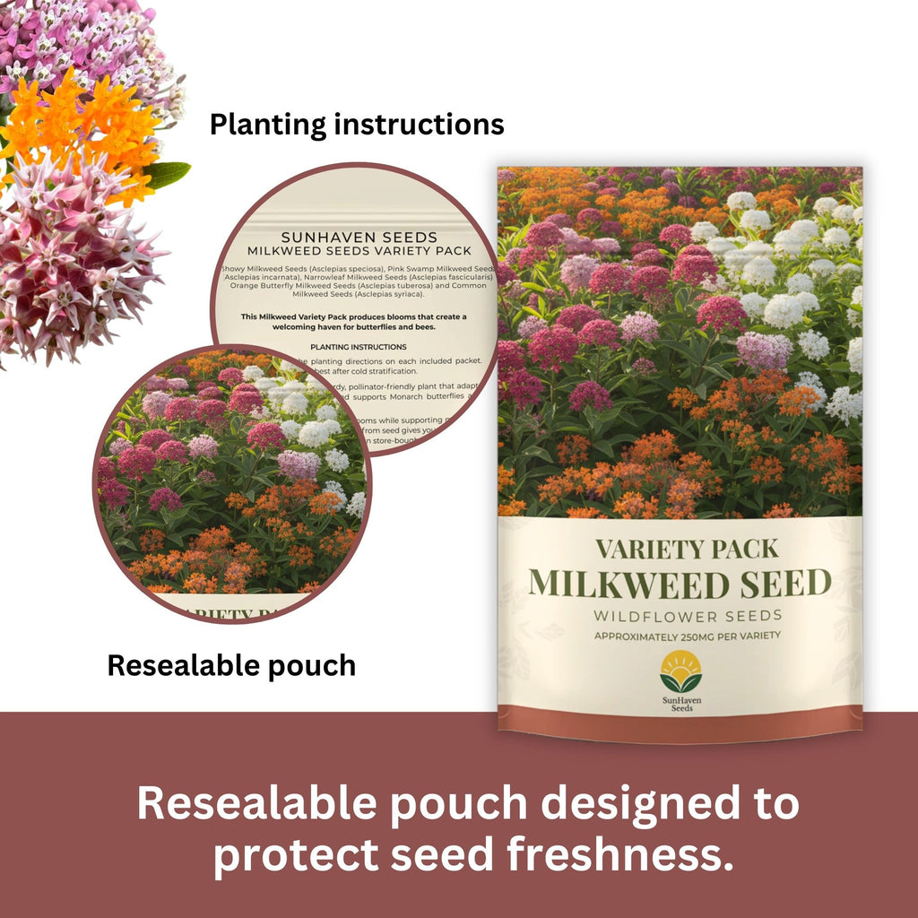 Native Milkweed Seed Variety Pack – 5 Varieties – Monarch Butterfly Garden – Common, Pink Swamp, Orange Butterfly Weed, Showy, & Narrowleaf Asclepias – Non-GMO Pollinator Habitat